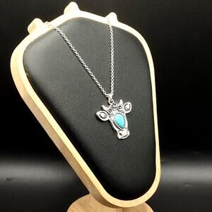 925 Silver Necklace w/ Turquoise Flower Cow Pendant Women Vintage Boho Gift
